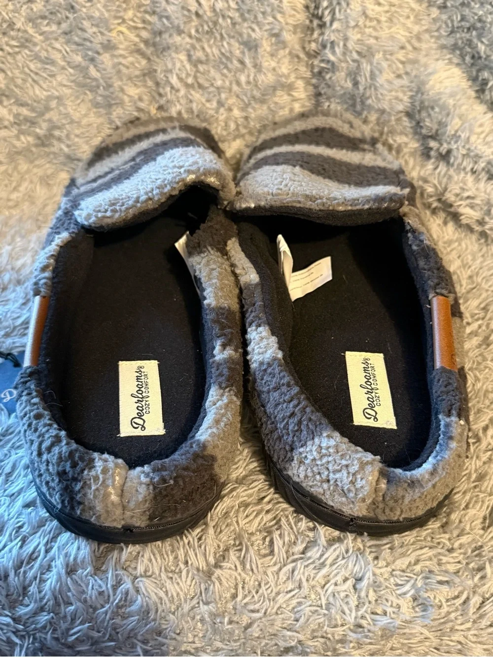 Dearfoams Men’s Gray Striped Sherpa Slip-On‎ Loafers 9-10 New